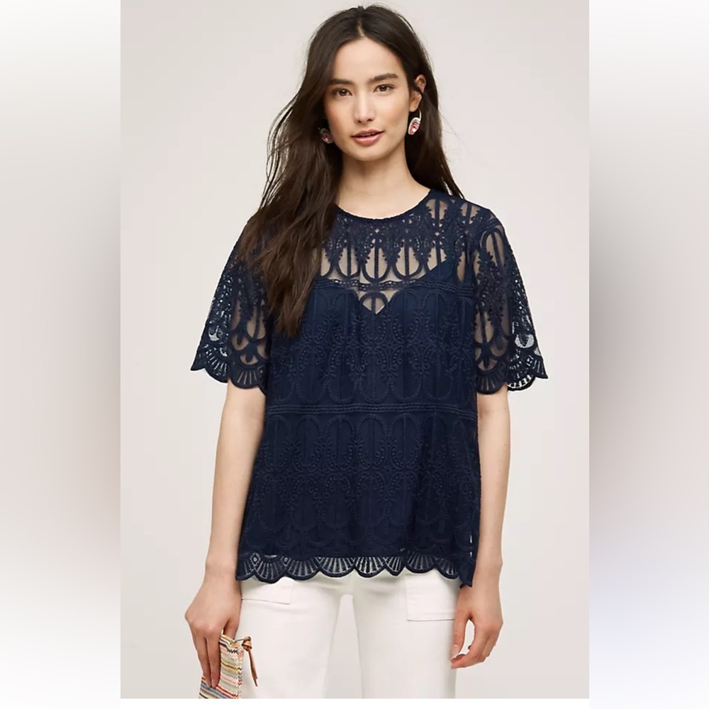 Anthropologie En Elle Marka Sheer Lace Tee Top Blouse Short Sleeve